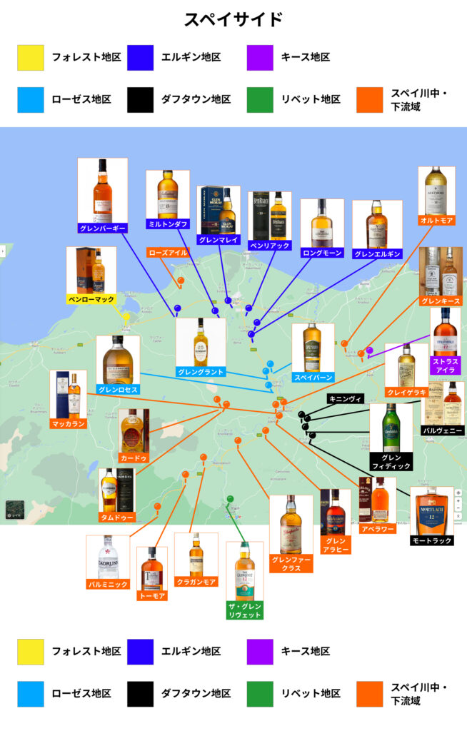 スコットランドのスペイサイド地区にある主な蒸溜所