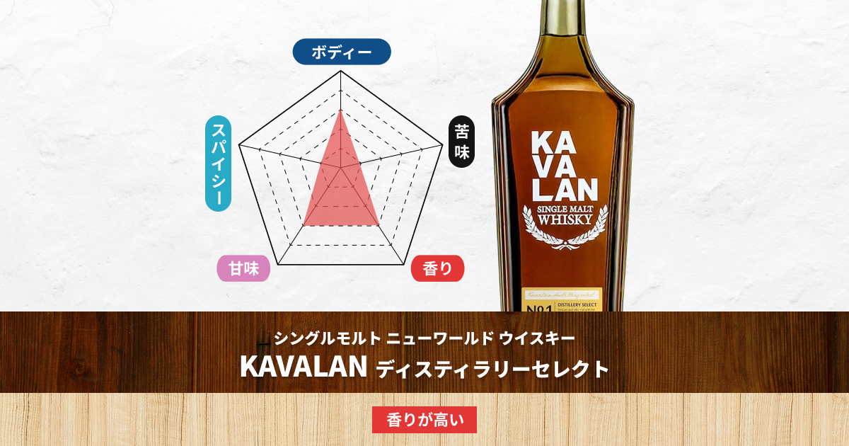 『KAVALAN ディスティラリーセレクト』は、亜熱帯地域独自の樽熟成の進みが早い特徴を活かしたカバランらしいフルーティなー味わいのウイスキーです。